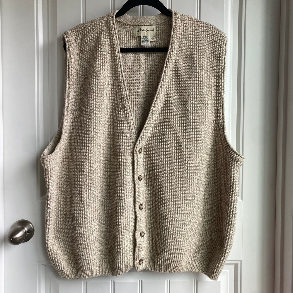 Vintage 90s Eddie Bauer Sweater Vest Cardigan Beige Chunky Knit USA Mens XL